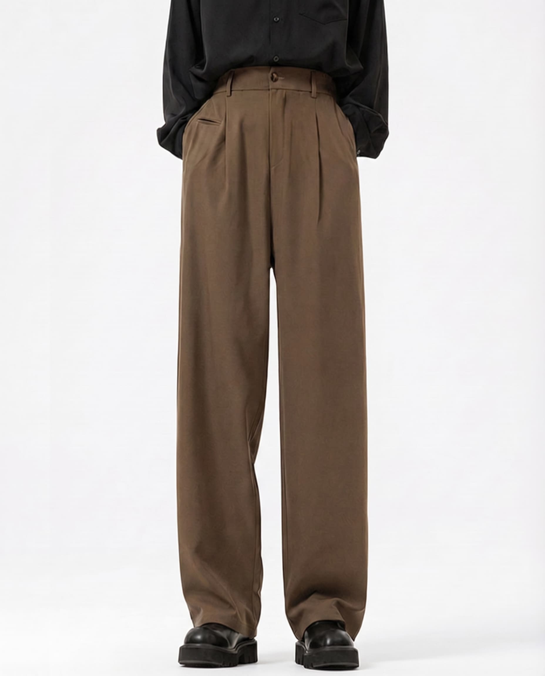 Tall men's brown crinkle trousers, front view showing relaxed straight-leg silhouette
