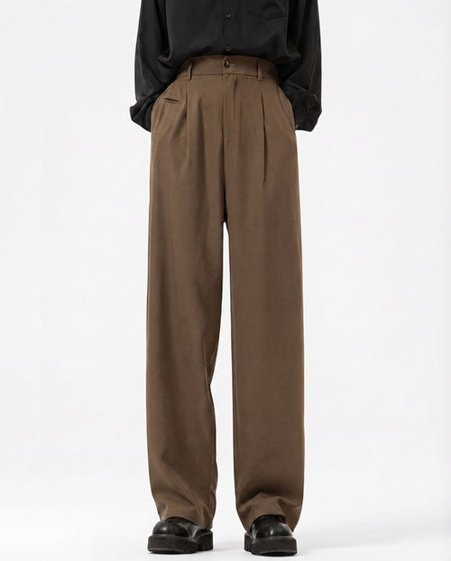 Tall men's brown crinkle trousers, front view showing relaxed straight-leg silhouette