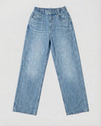 Light blue relaxed fit jeans flat lay, front view showing full length and wide leg cut