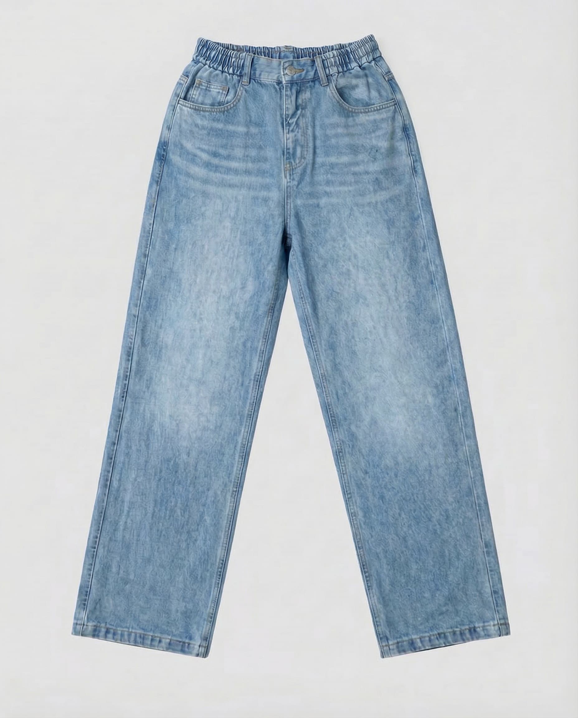 Light blue relaxed fit jeans flat lay, front view showing full length and wide leg cut