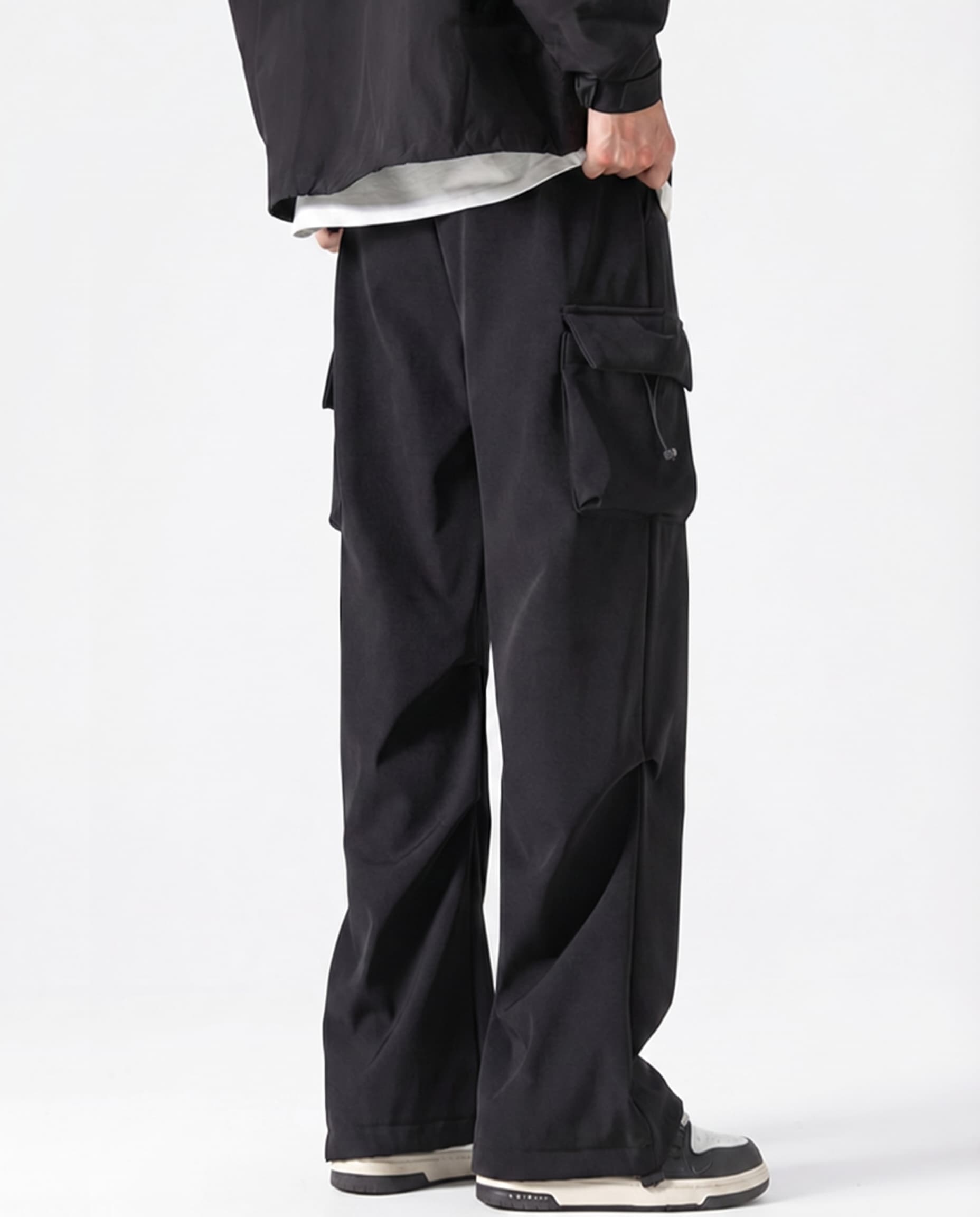 Black straight fit vintage cargo pants back view showing full length straight leg cut