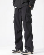Black straight fit vintage cargo pants side view on tall model
