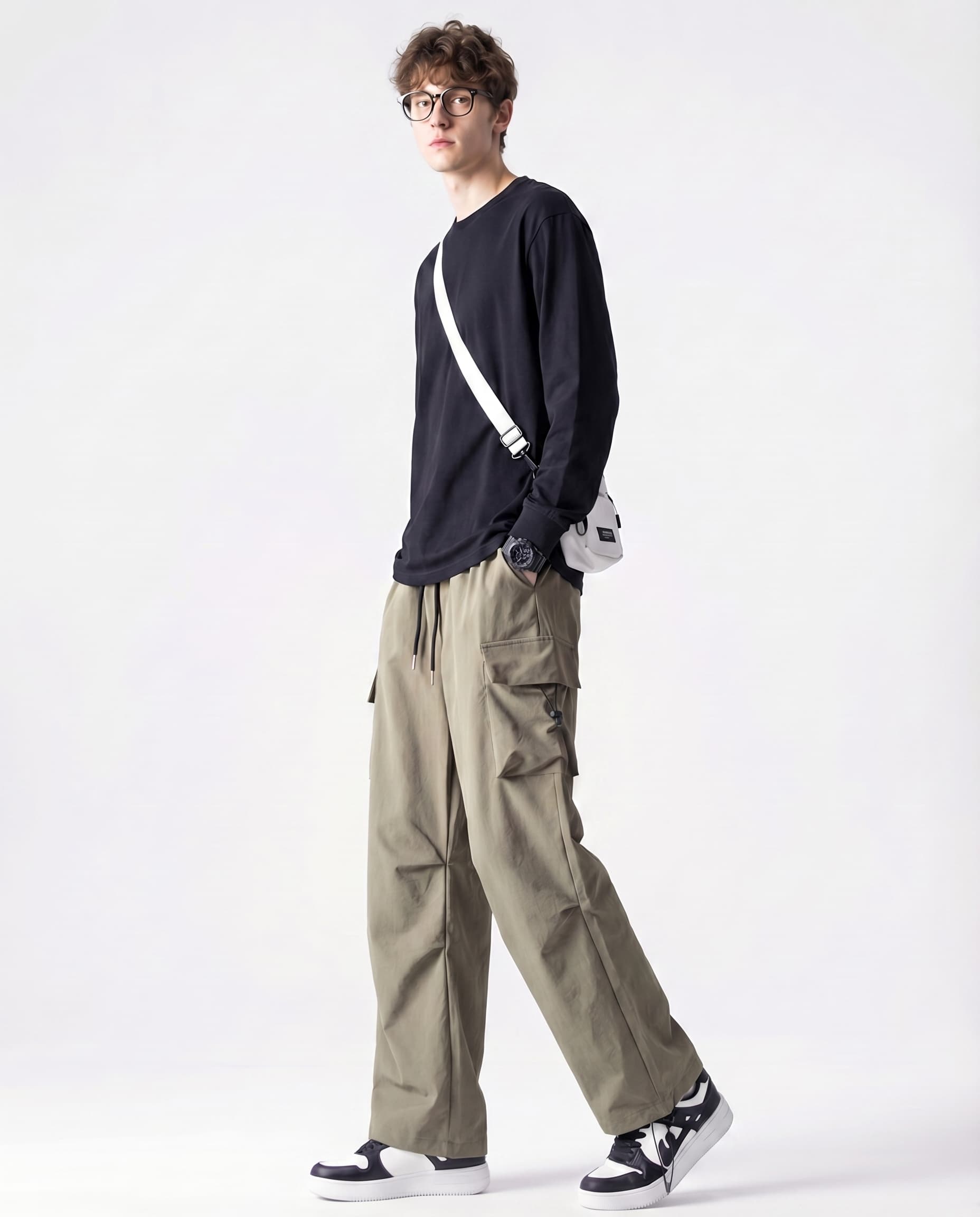 Tall man stretching in khaki straight fit vintage cargo pants showing adjustability and fit
