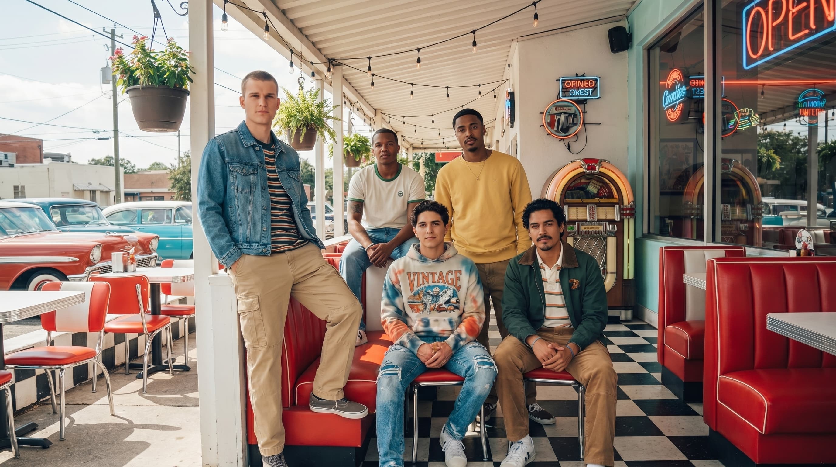 Group of five diverse young men relaxing inside and outside a retro American diner with neon signs and checkered floors, representing BARGOBET's authentic and welcoming brand community