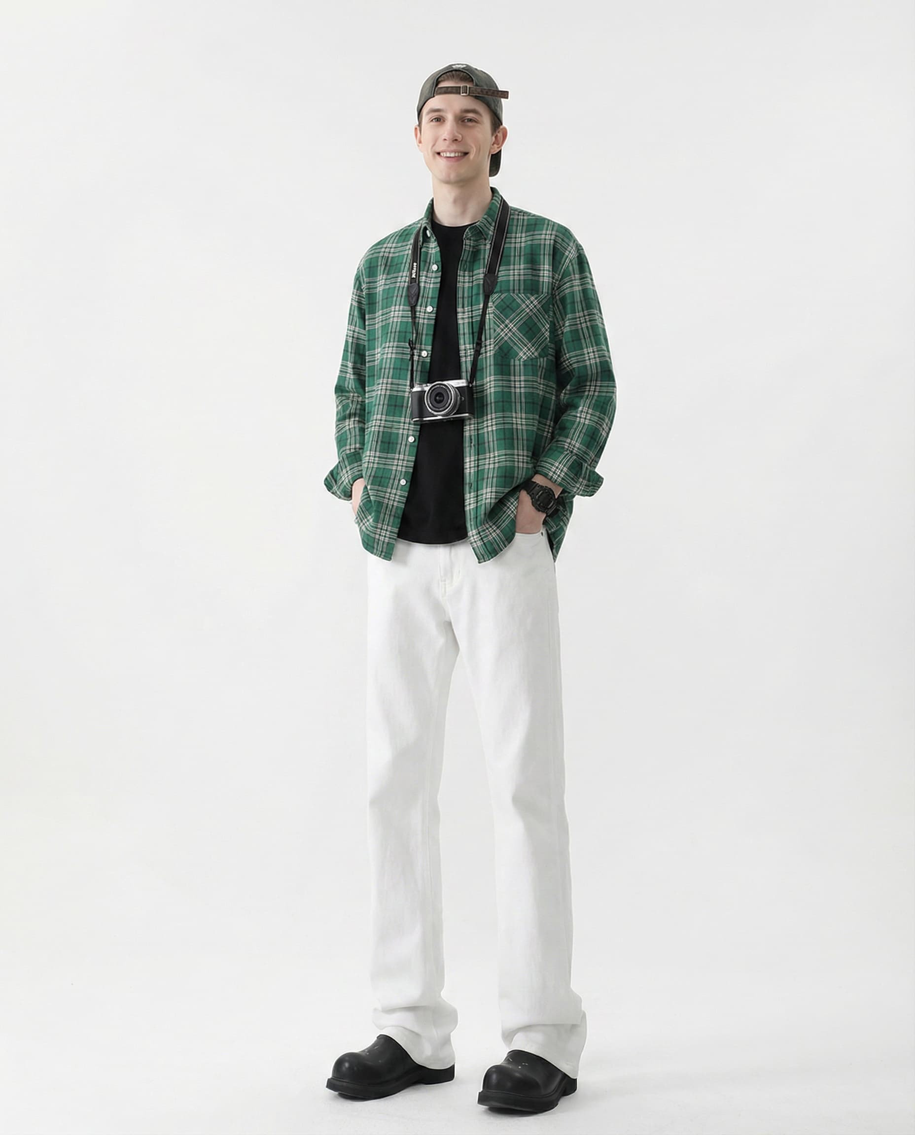 White straight-leg jeans for tall men styled with green jacket, full casual outfit look
