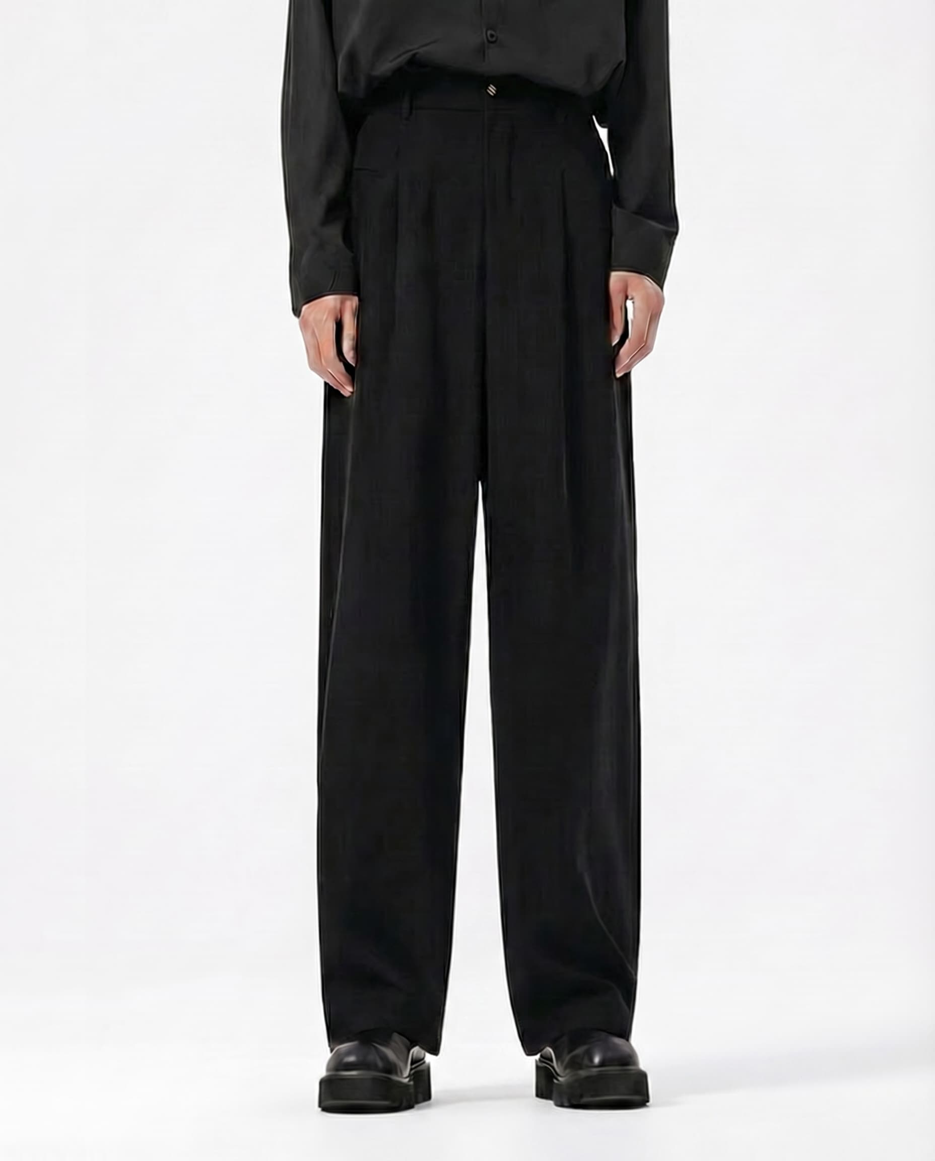 Black crinkle straight pants for tall men, front-facing full-length view

