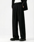 Black crinkle straight-leg pants for tall men, side profile view
