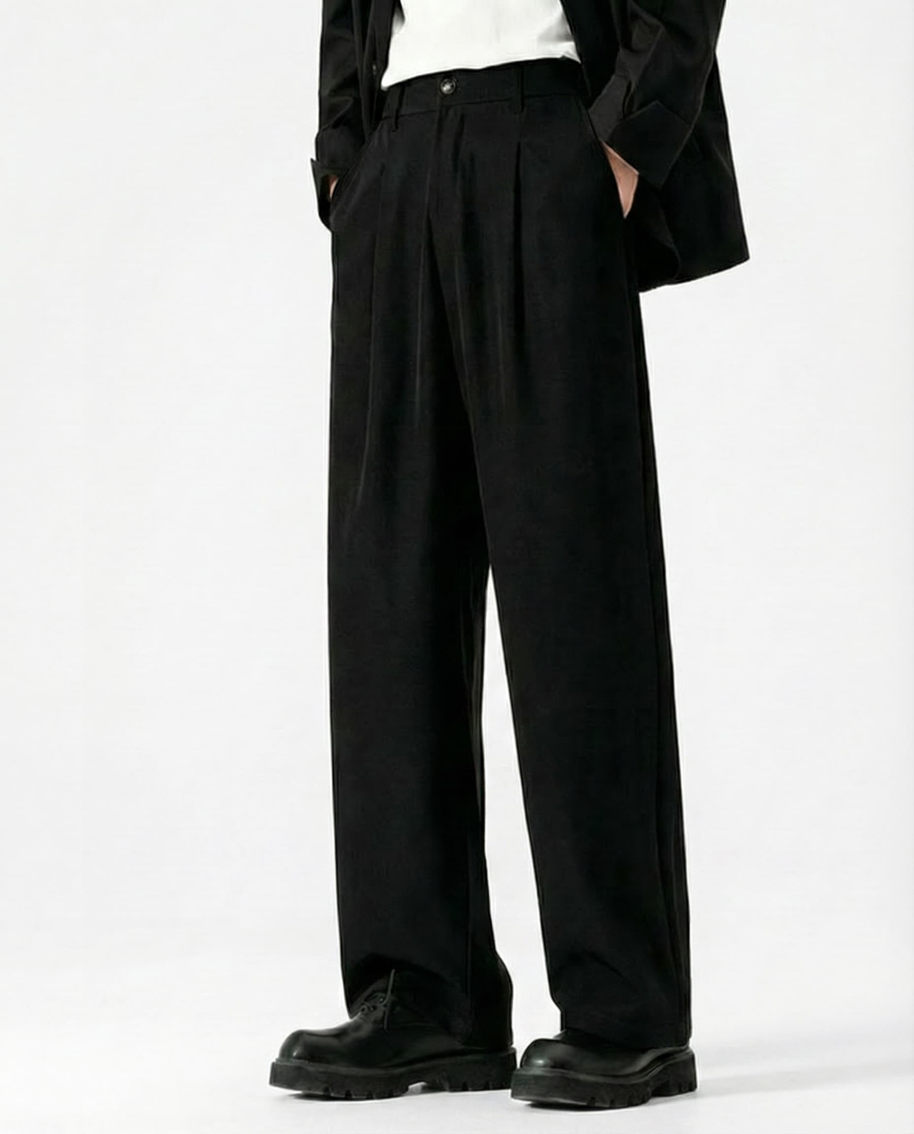 Black crinkle straight-leg pants for tall men, side profile view
