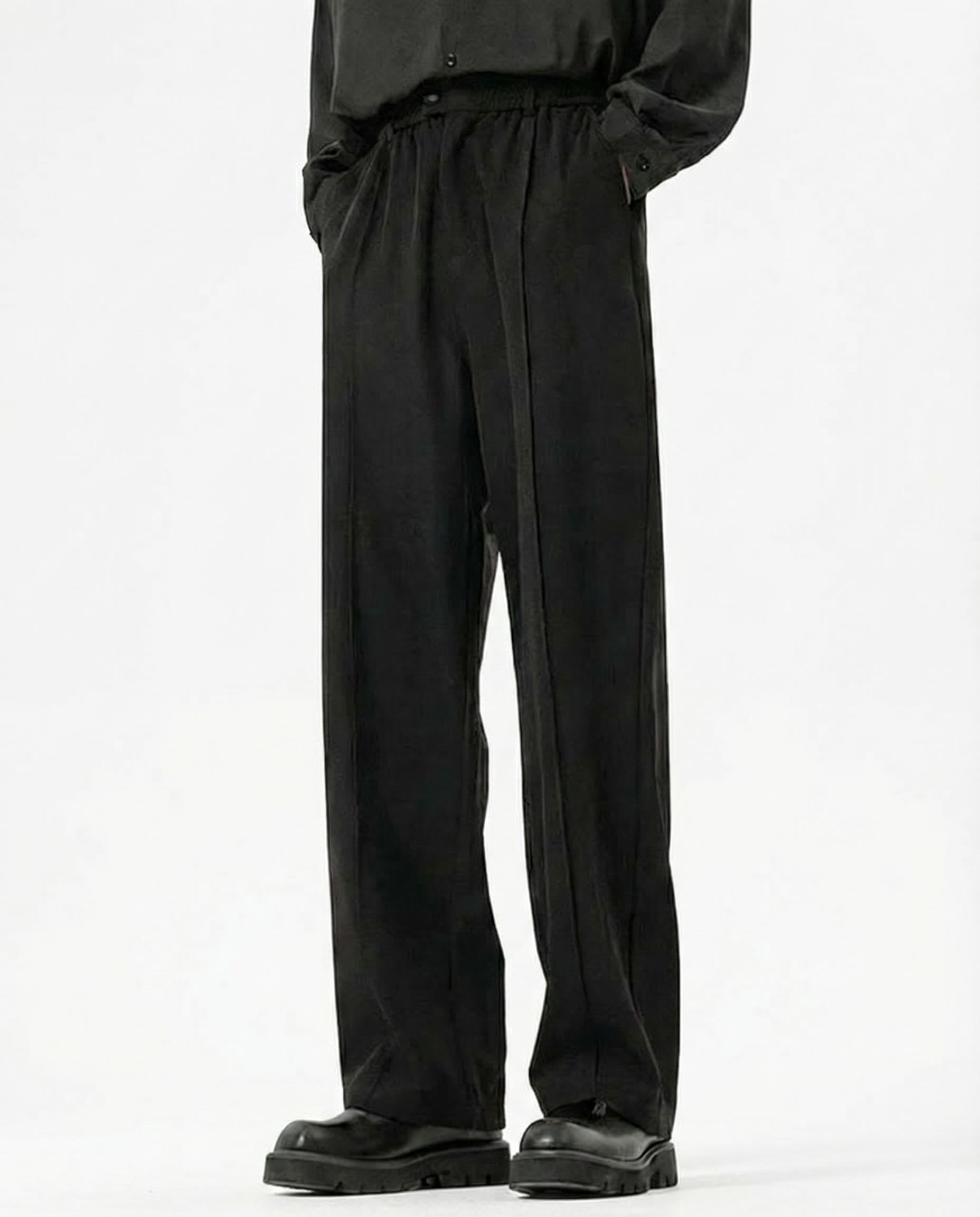 Tall men's black crinkle trousers, straight-leg cut with clean minimal styling
