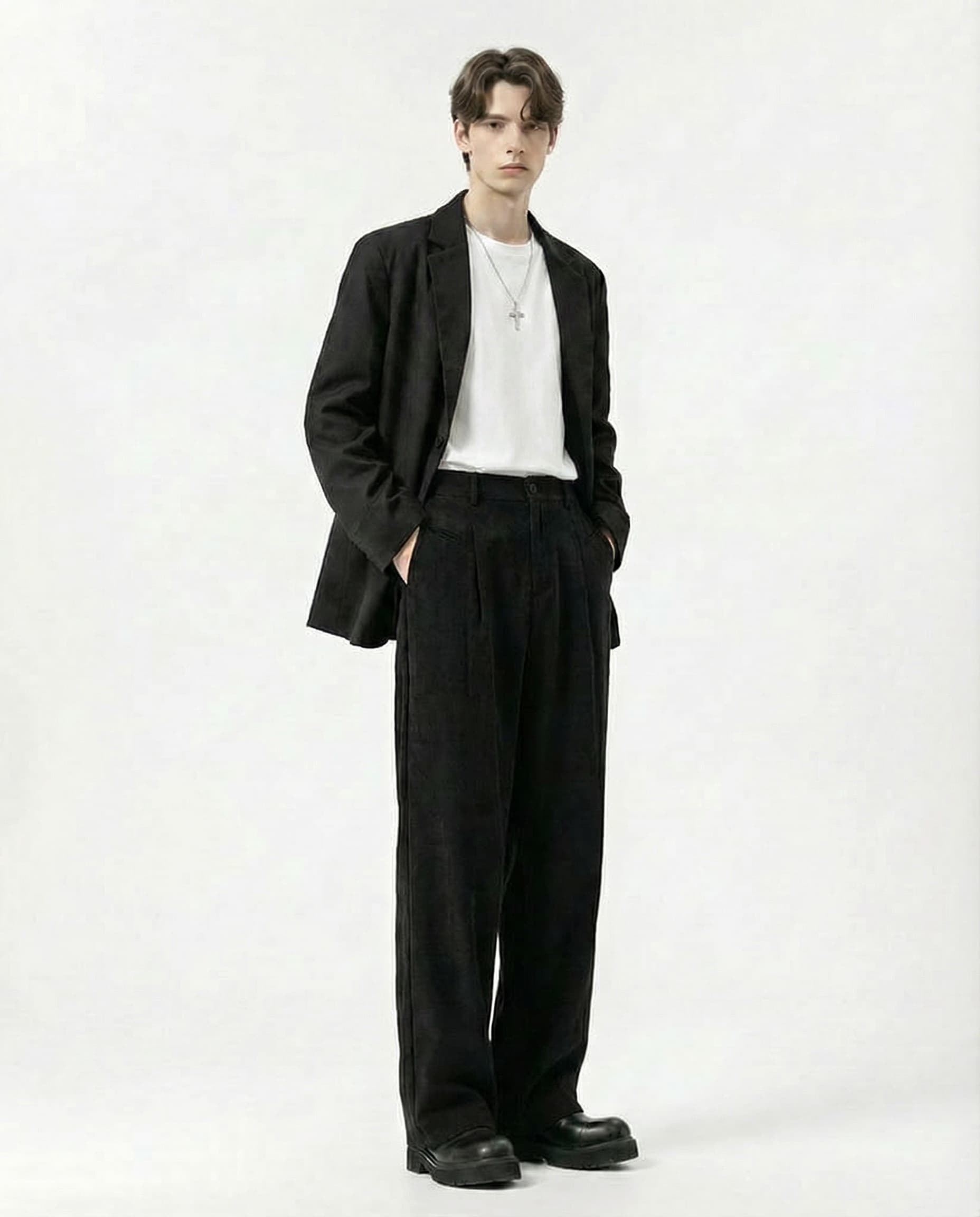 Tall men's black crinkle pants layered with long coat, editorial styling
