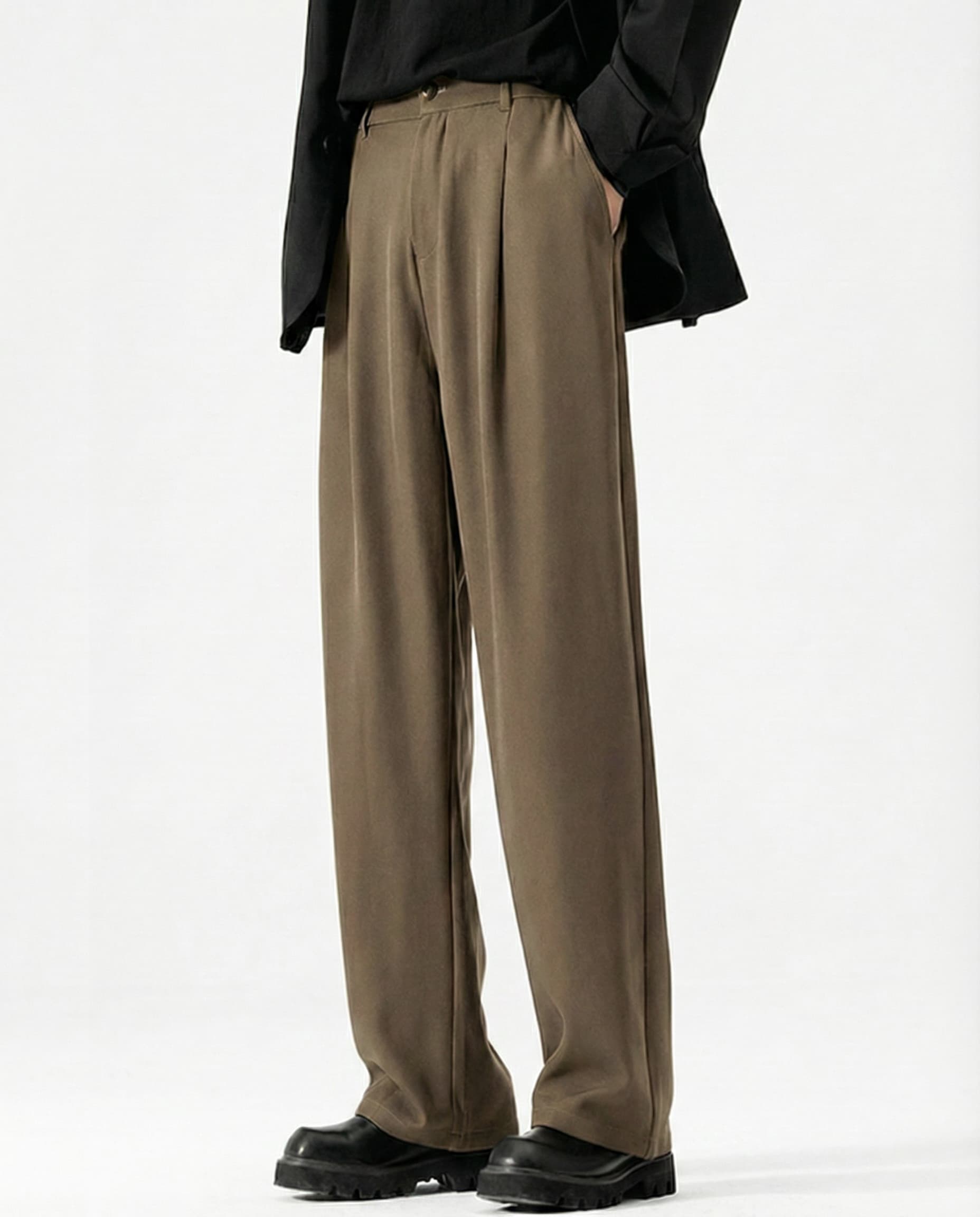 Men's crinkle wide straight pants in brown, relaxed fit styled with blazer