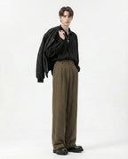 Black crinkle straight-leg pants for tall men, side profile view
