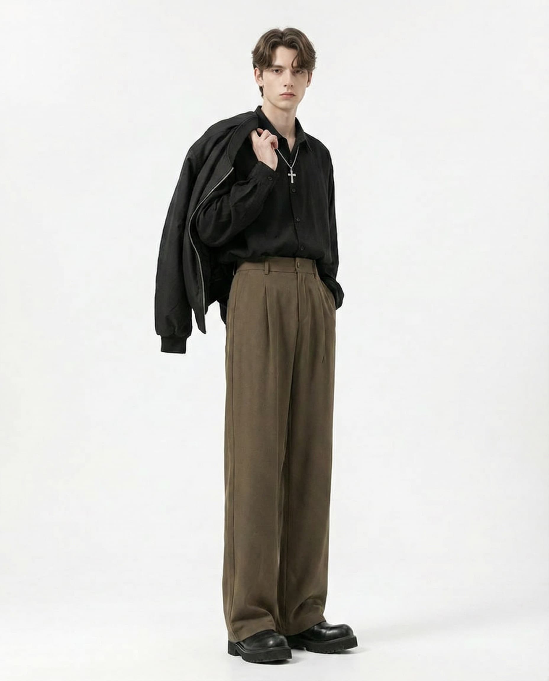 Black crinkle straight-leg pants for tall men, side profile view
