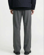 Tall men's dark gray straight leg sweatpants, side view highlighting leg length and straight silhouette