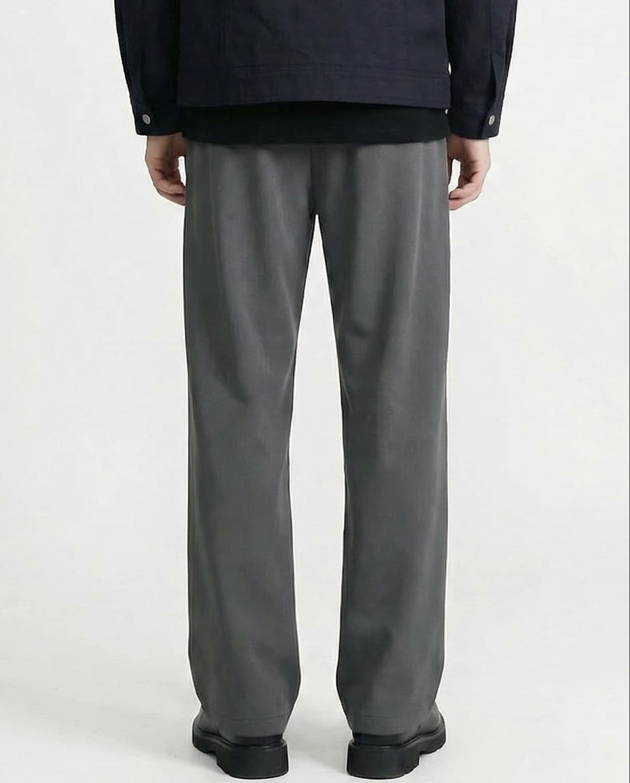 Tall men's dark gray straight leg sweatpants, side view highlighting leg length and straight silhouette