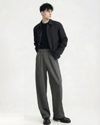 Dark gray pull-on sweatpants for tall men styled with black top, monochrome smart casual outfit