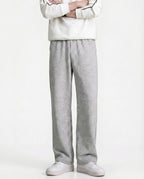 Tall men's grey pull-on straight leg sweatpants, front view showing clean straight silhouette and length