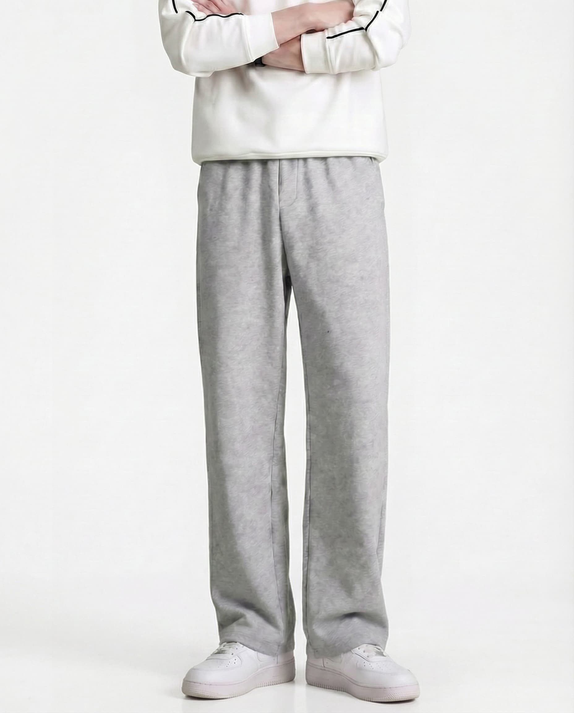 Tall men's grey pull-on straight leg sweatpants, front view showing clean straight silhouette and length