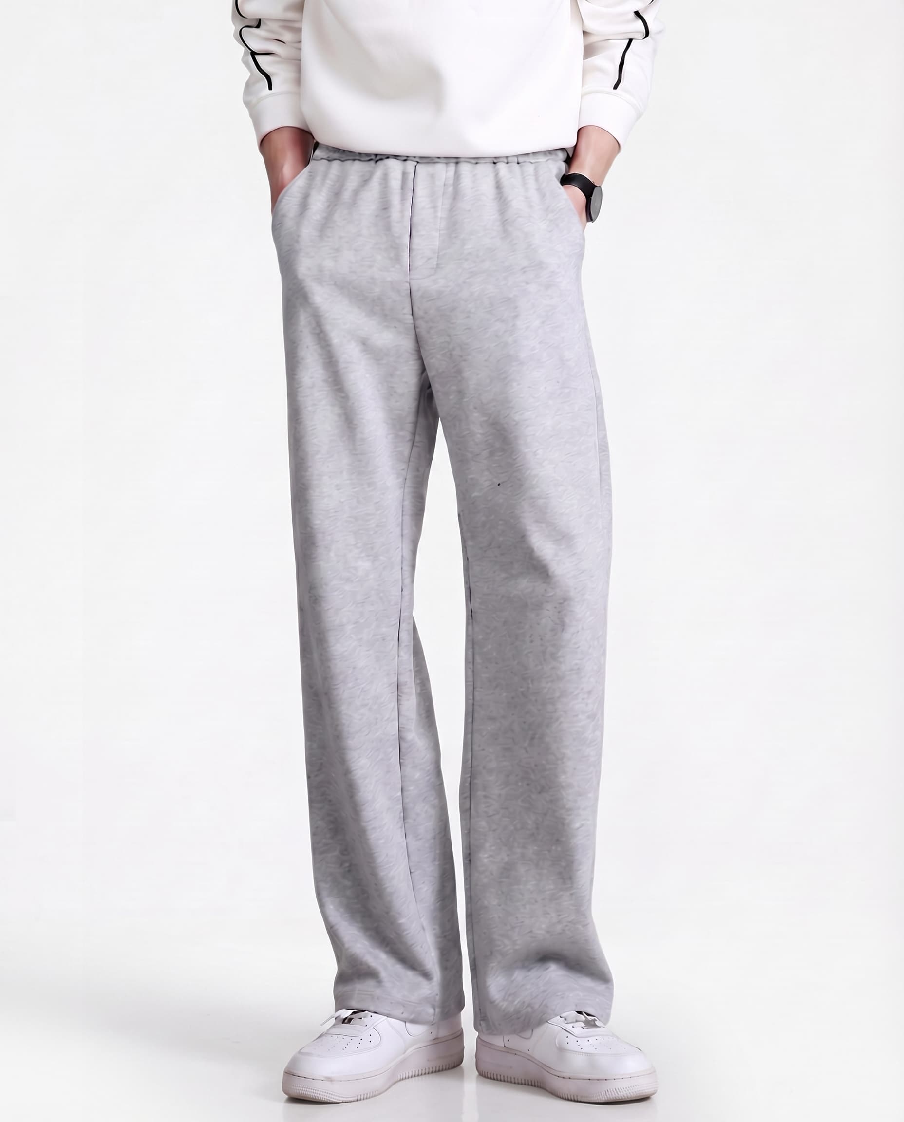 Grey pull-on straight leg sweatpants for tall men, full-length side view with casual white sneaker styling