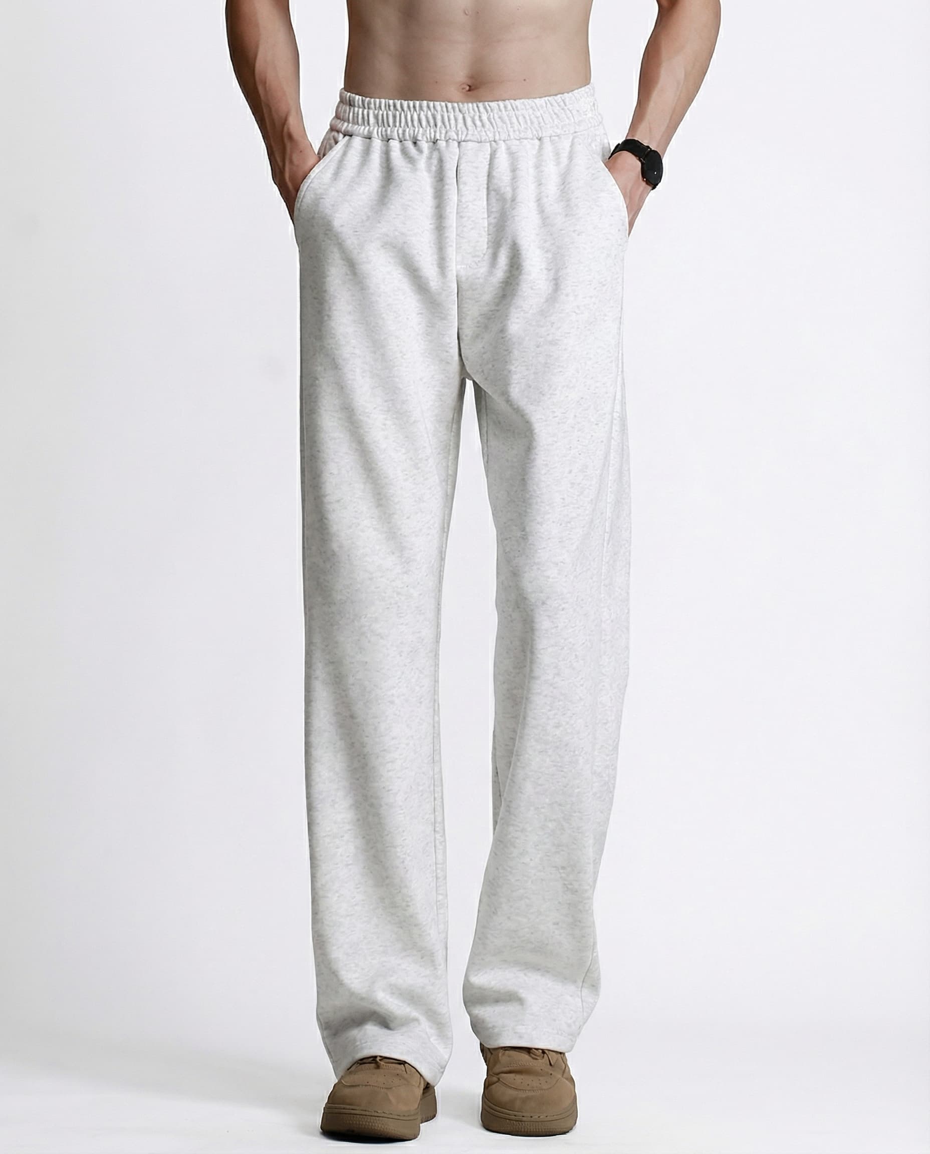 White pull-on straight leg sweatpants for tall men, front view showing relaxed straight fit
