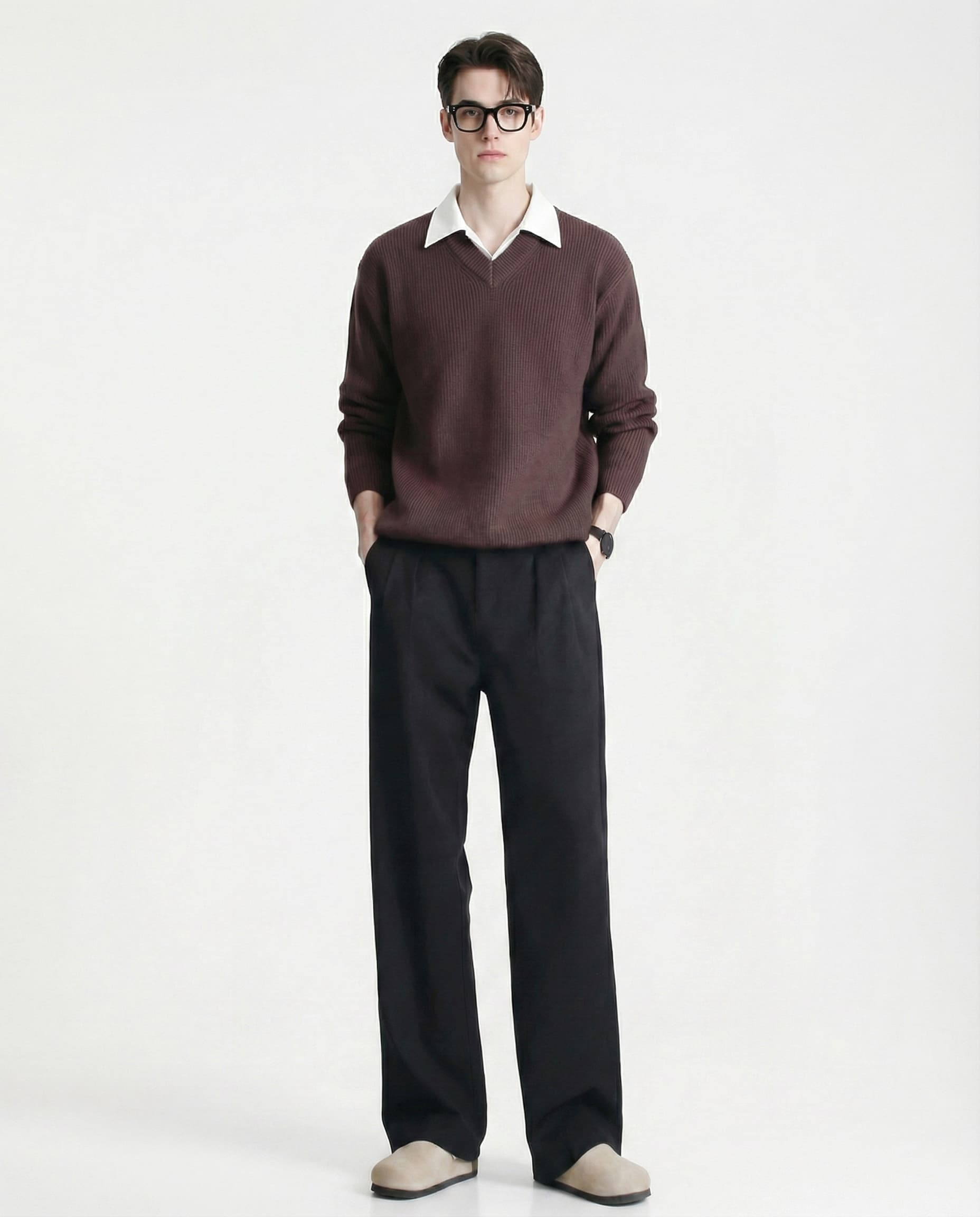 Black relaxed pleated trousers for tall men styled with brown top, smart casual full outfit look
