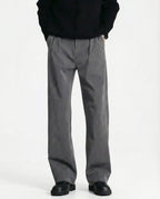 Gray relaxed pleated trousers for tall men, front view showing alternative color and straight fit