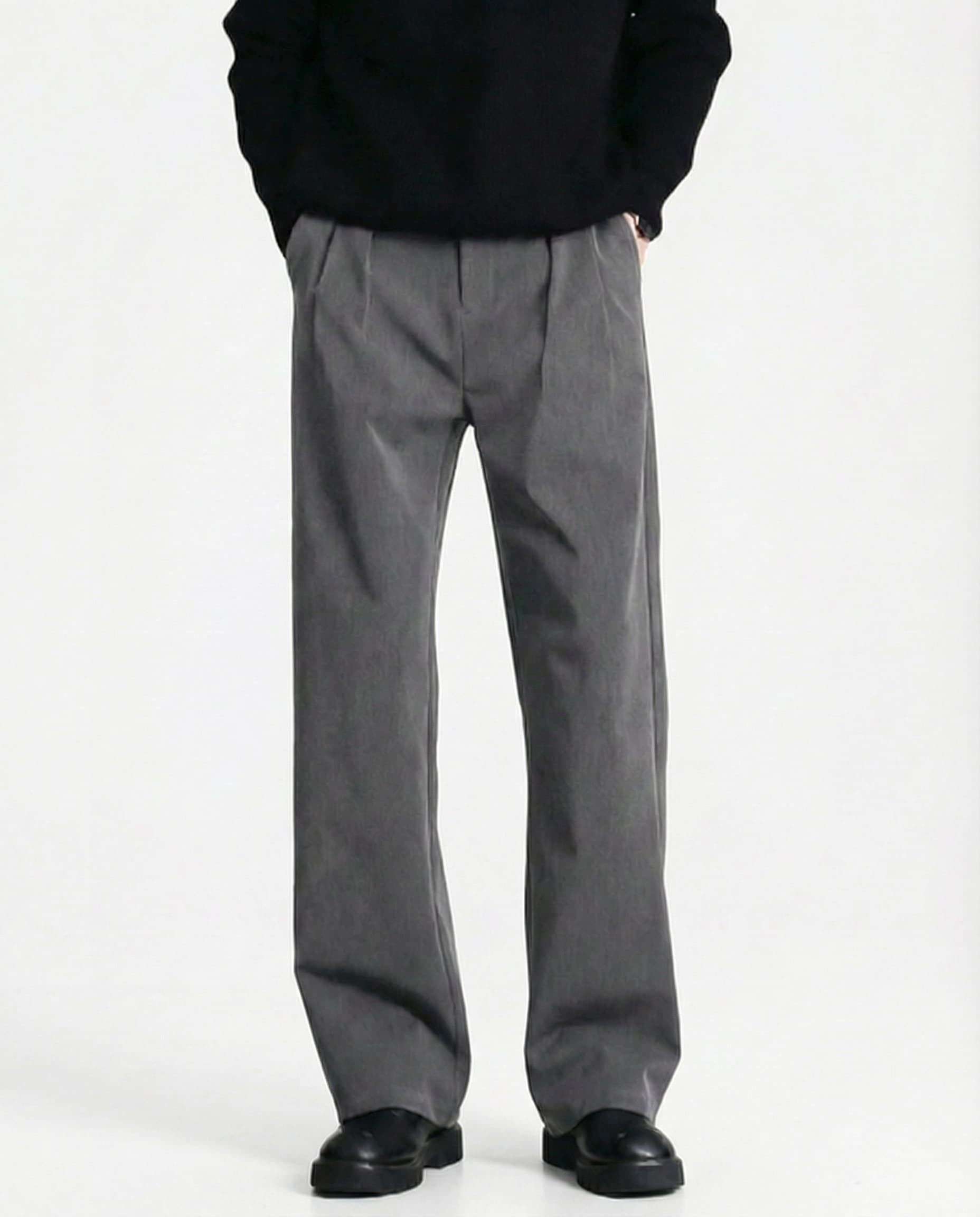 Gray relaxed pleated trousers for tall men, front view showing alternative color and straight fit