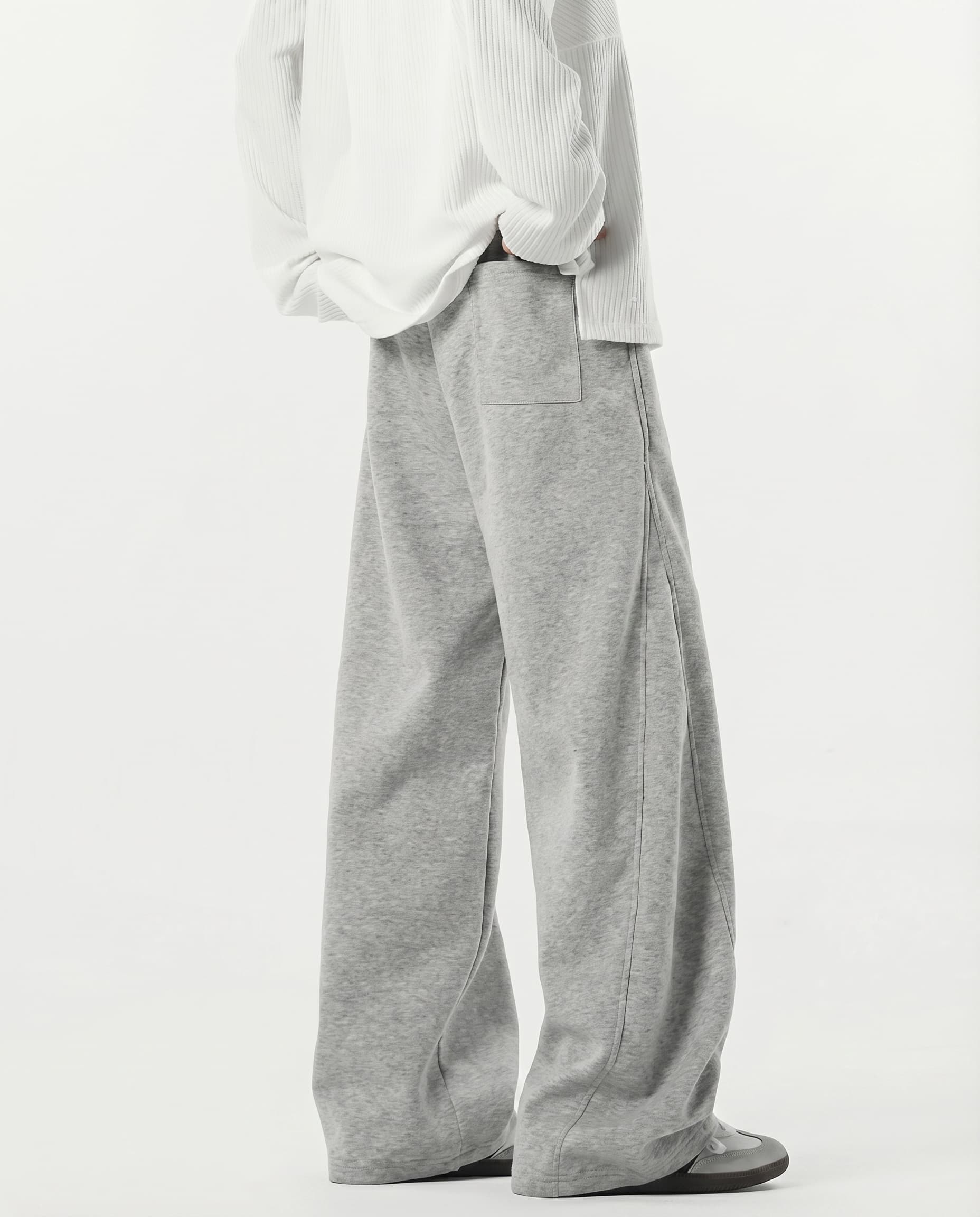 Men's gray weekender sweatpants for tall men, back view showing waistband and relaxed wide-leg cut