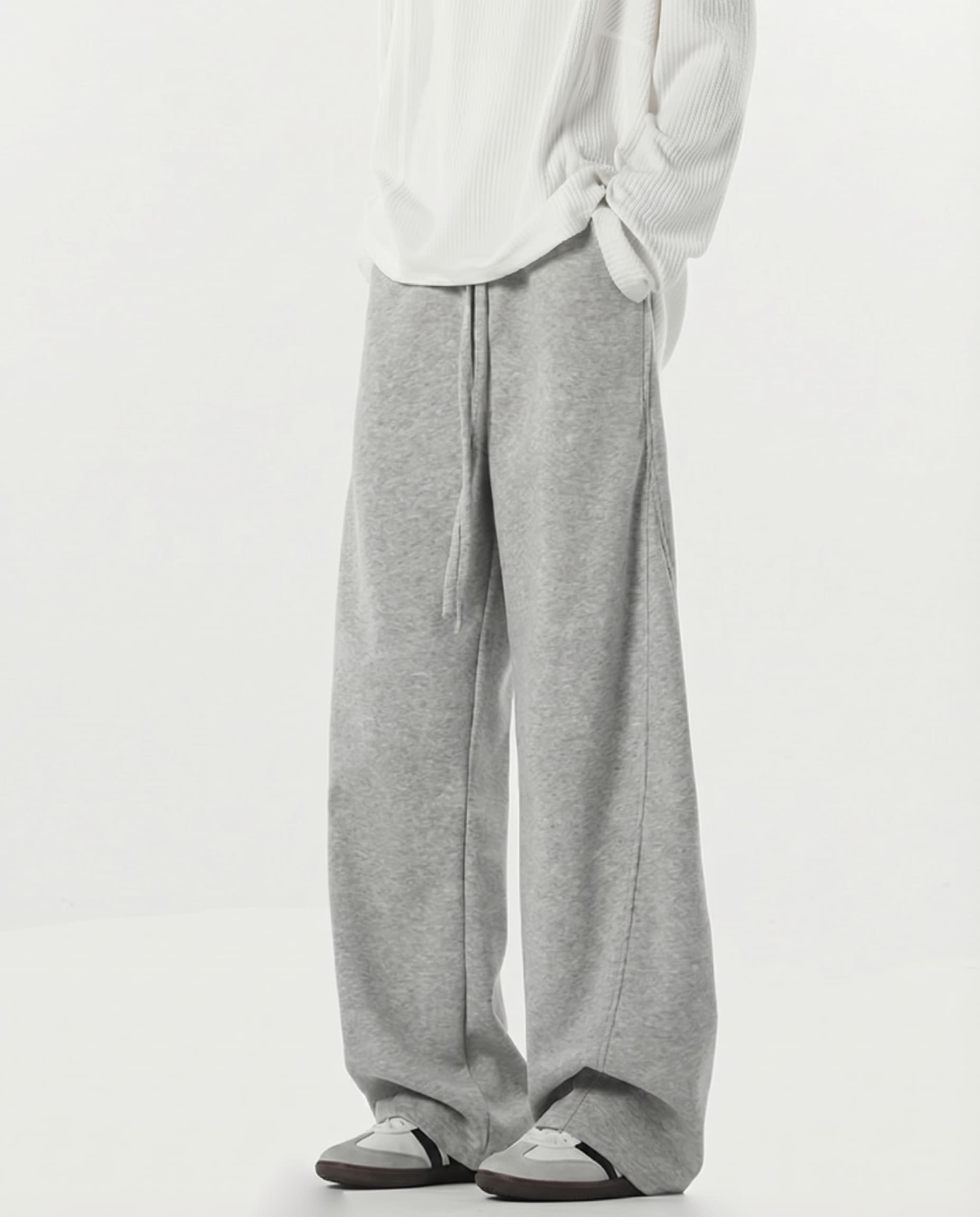 Gray weekender stretch lounge sweatpants for tall men, full-length side view with relaxed casual styling