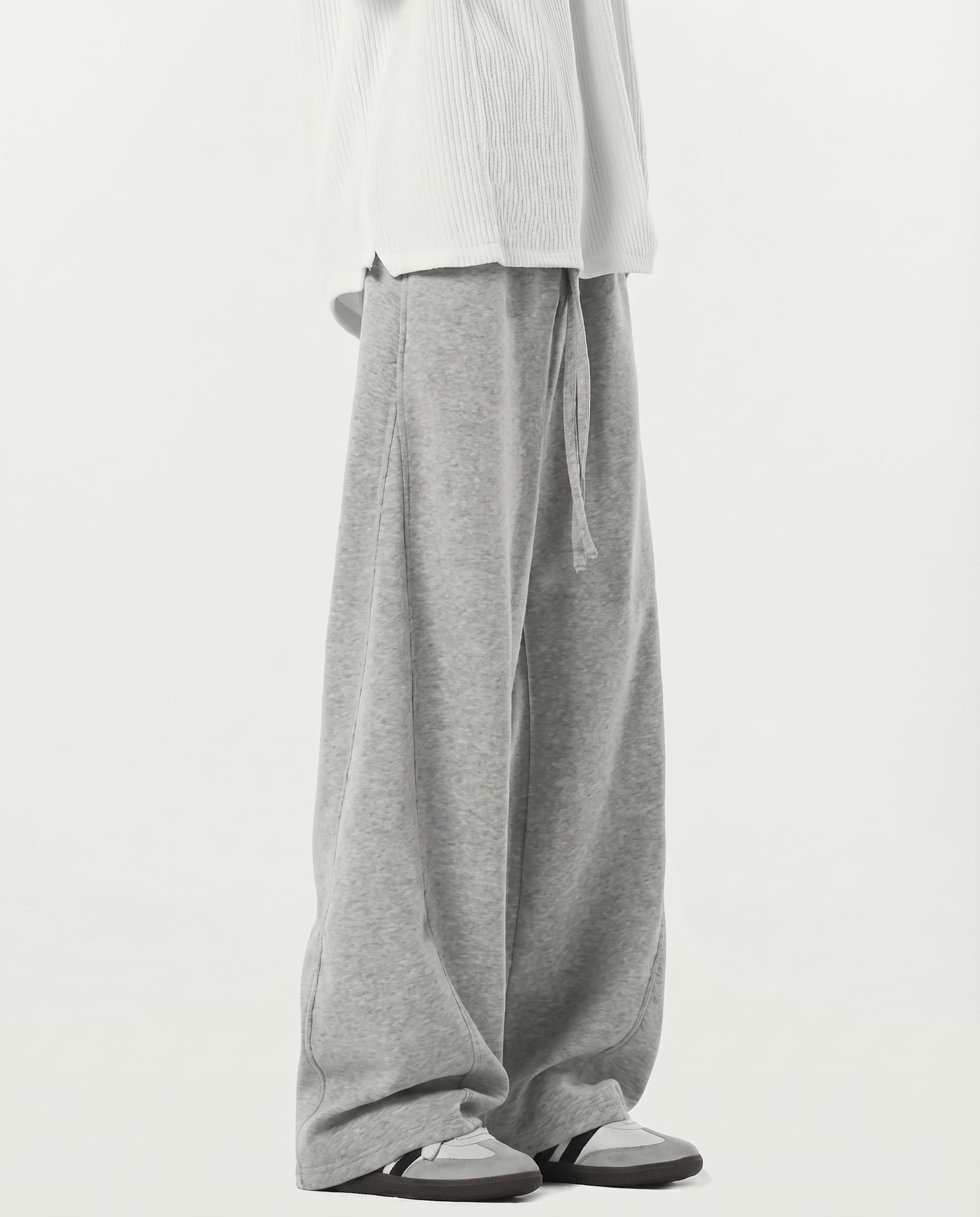 Gray stretch lounge sweatpants for tall men styled with brown top, casual weekend outfit look